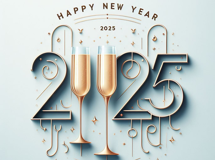 Imagen con texto FELIZ Tarjeta de felicitación de AÑO NUEVO con vasos listos para brindar a la medianoche del año nuevo.