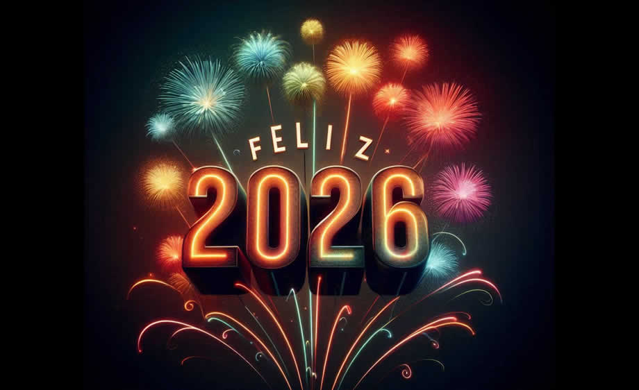 Imagen con texto 2026 compuesto de fuegos artificiales de colores