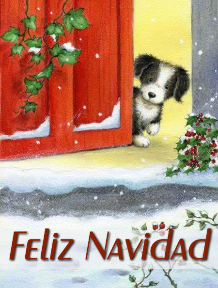 Dulce dibujo con perrito mirando por la puerta con adornos navideños y texto FELIZ NAVIDAD