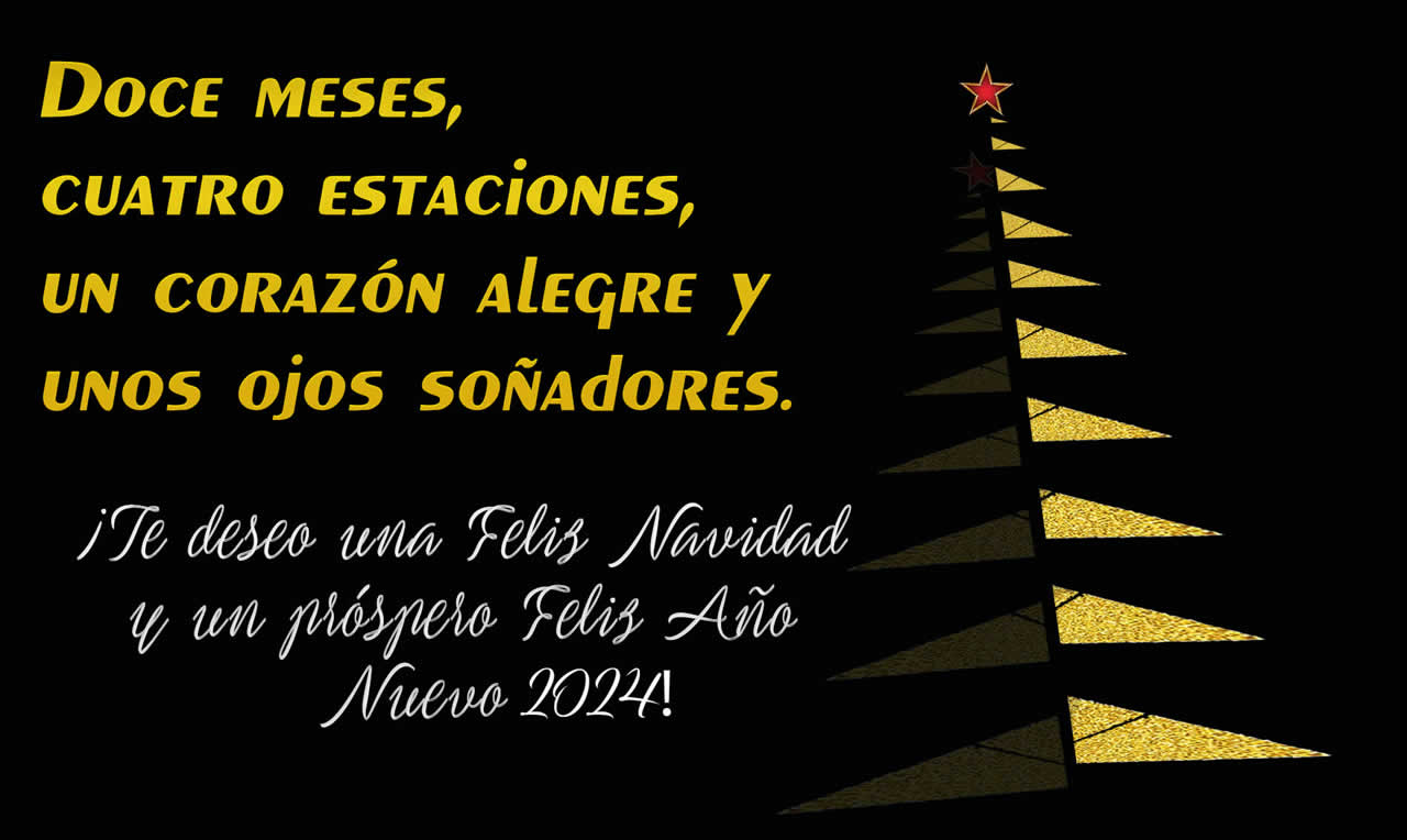  imagen de fondo negro con estilizado árbol de Navidad y sombrero con escritura Happy 2025 y un saludo agradable. ¡Te deseo una Feliz Navidad y un próspero Feliz Año Nuevo 2025!
