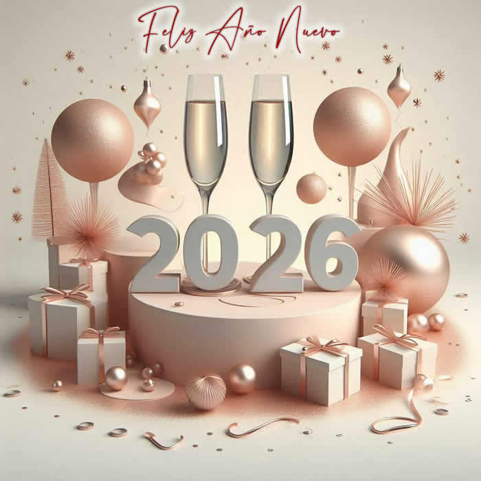 imagen con copas y vino espumoso para brindar a la medianoche del año nuevo con globos de colores con 2026