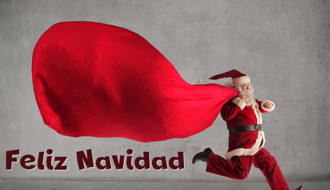 Imagen de Papá Noel corriendo con una bolsa enorme para traer regalos