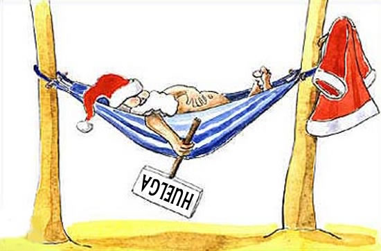 caricatura con Papá Noel en la hamaca y cartel que dice huelga