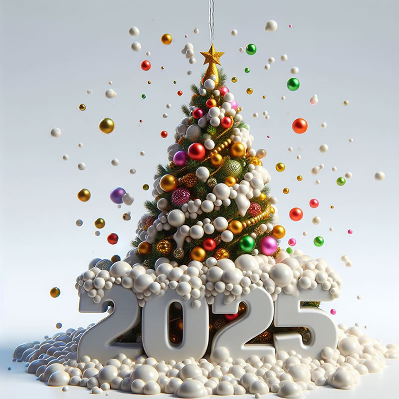 Imagen elegante con un árbol de Navidad decorado con muchas bolas decorativas y de color dorado con el número 2025