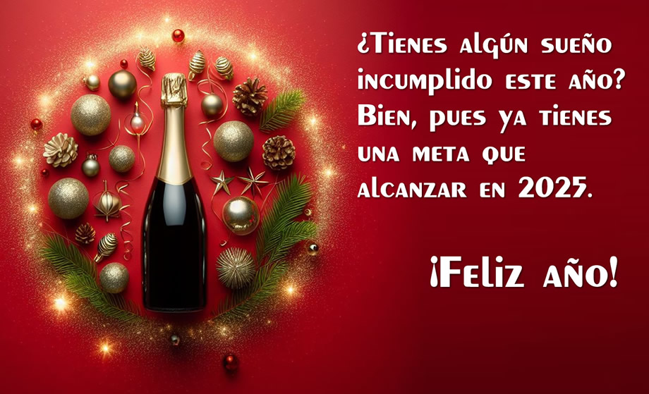 imagen a fondo rojo con copas, botella de champán, regalos de año nuevo y frase para enviar para deseos de medianoche de año nuevo