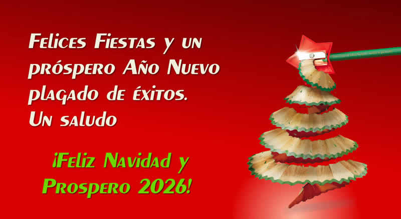 Imagen con un sacapuntas en forma de estrella que apunta a un lápiz que forma un árbol de Navidad y un texto de saludo: