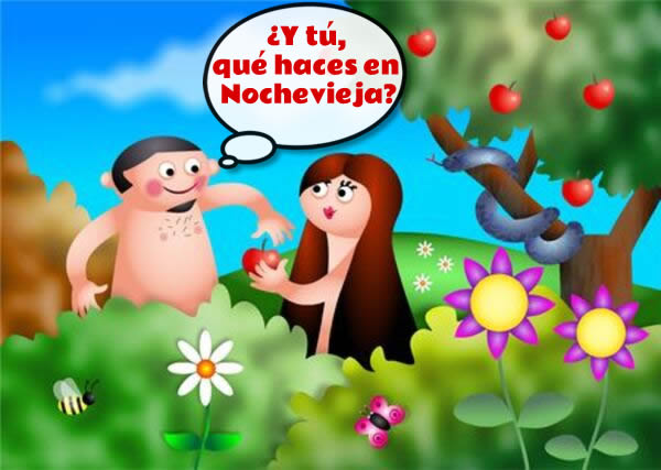 Caricatura humorística con Adán y Eva en el jardín del Edén
