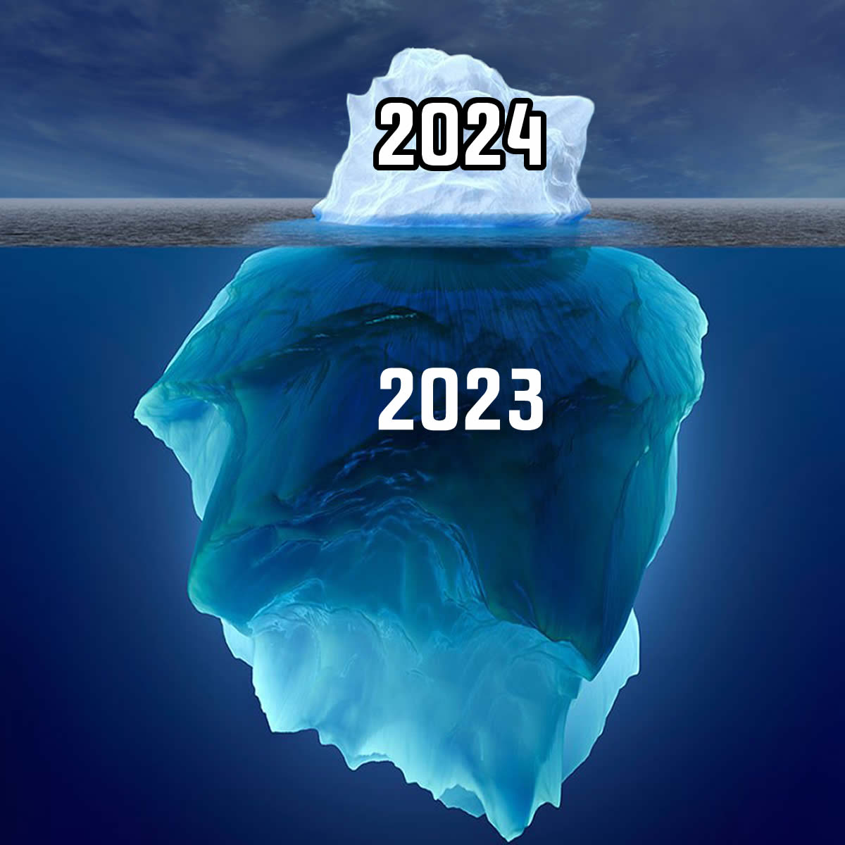 Foto de un iceberg, con todos los años pasados ​​y el año nuevo 2025