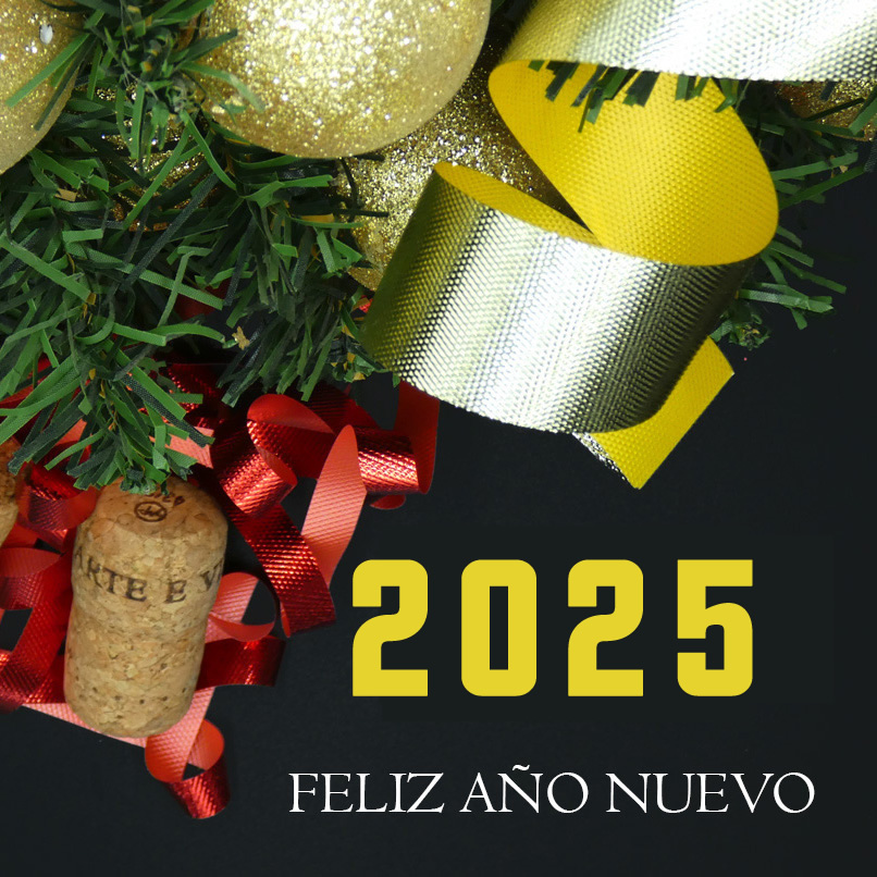 Texto saludo de feliz año nuevo 2025 con decoración colorida