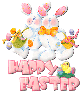 GIF animado con dos conejitos de Pascua brillantes con texto en inglés Happy Easter