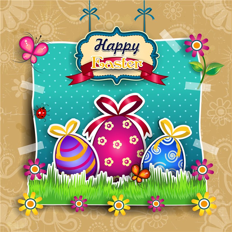tarjeta de felicitación con imagen alegre y colorida con huevos de chocolate