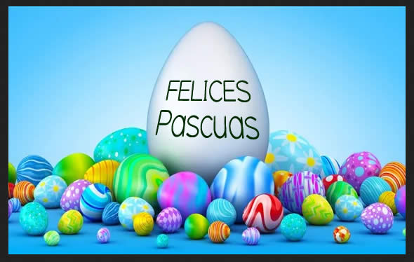 Imagen con muchos huevos de chocolate decorados y un huevo grande con la inscripción Felices Pascuas